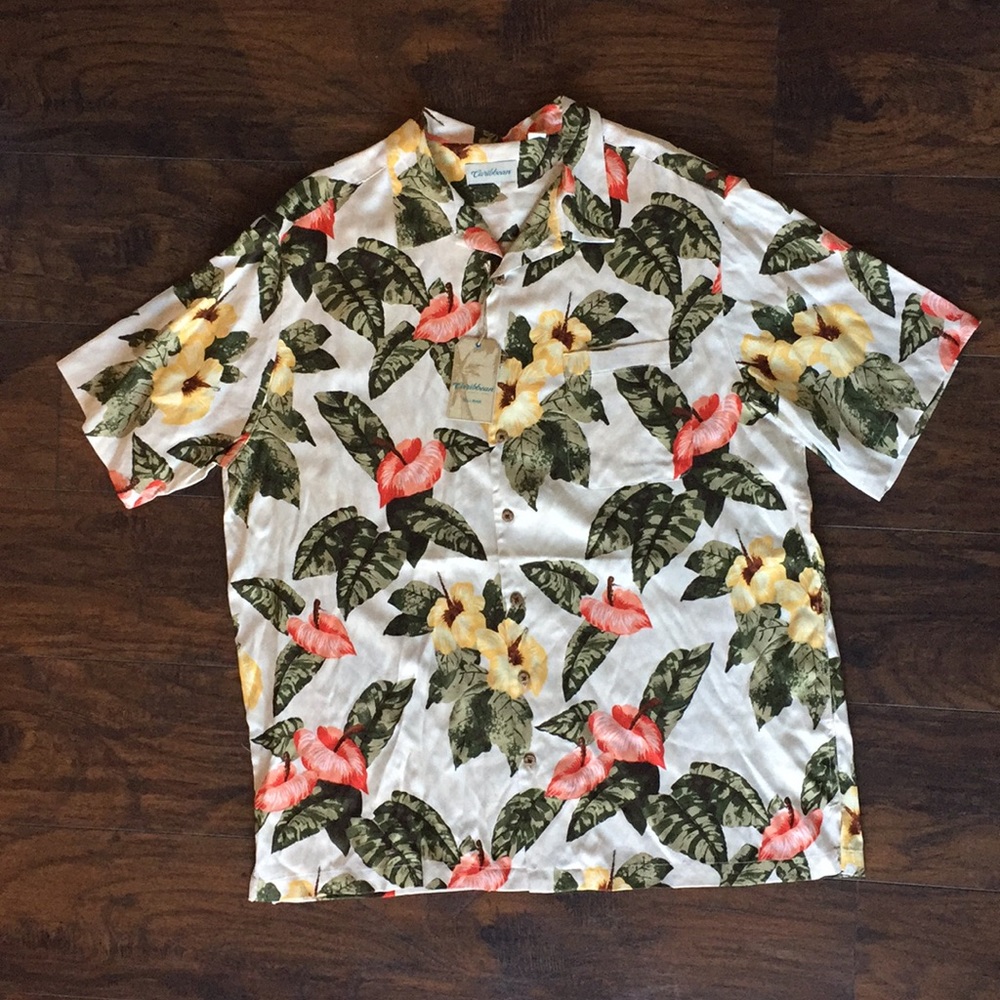 Caribbean NEW 2XT Silk Floral Button Down Shirt